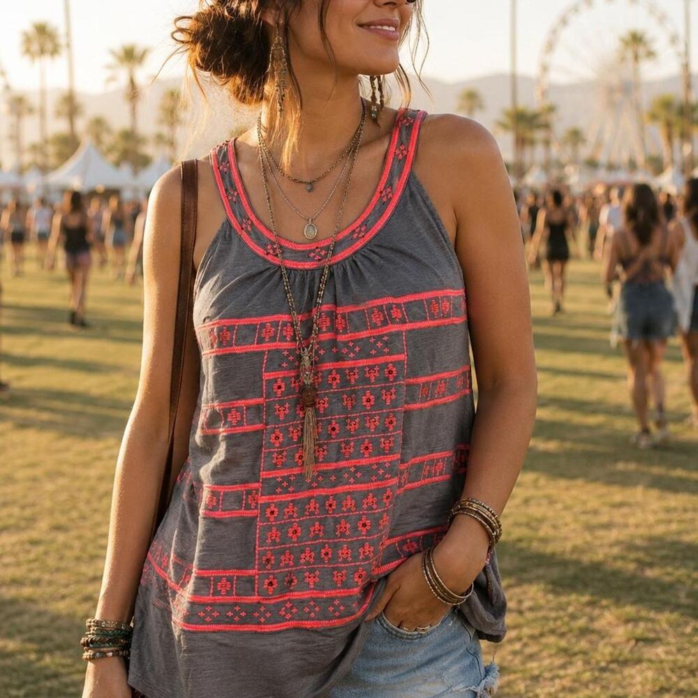 Sundance Gray Linen Embroidered Tank Top Neon Coral‎ Boho Festival Tunic